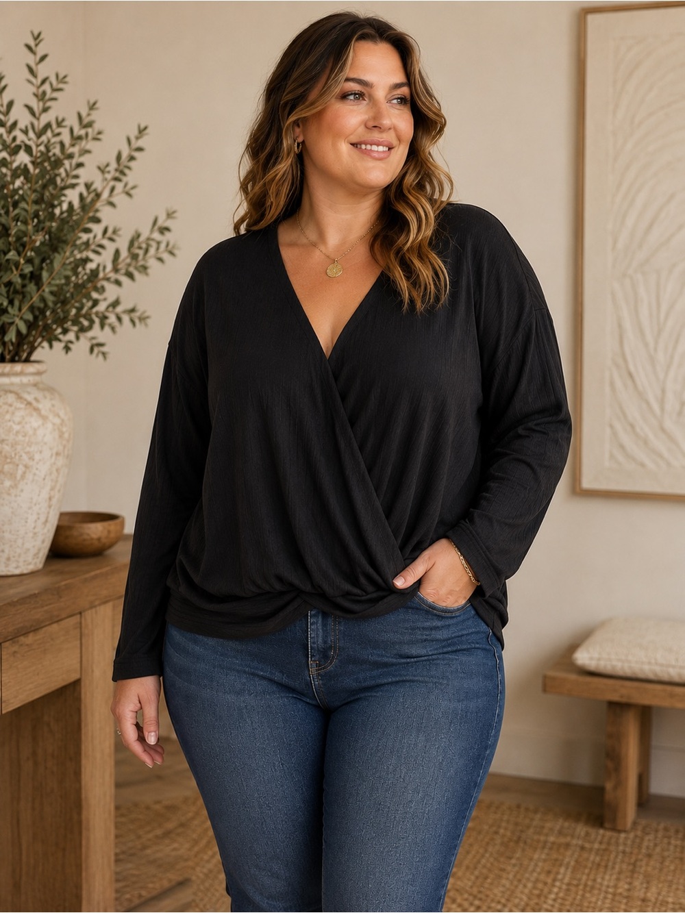 Miss Lili 1X NWT Black Faux Wrap Surplice Long Sleeve Blouse